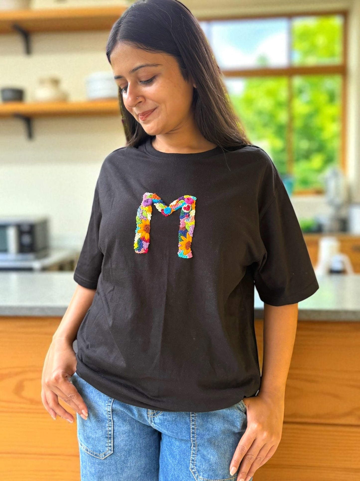 Hana Alphabet Embroidered T-shirt Top -“M” Black