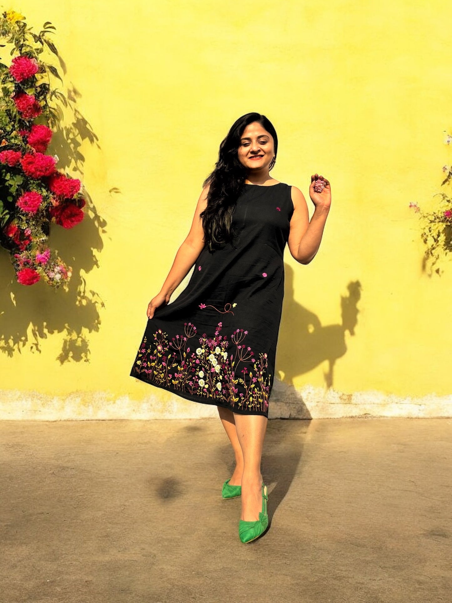 Bianca Embroidered Khadi Cotton A-line Dress - Black