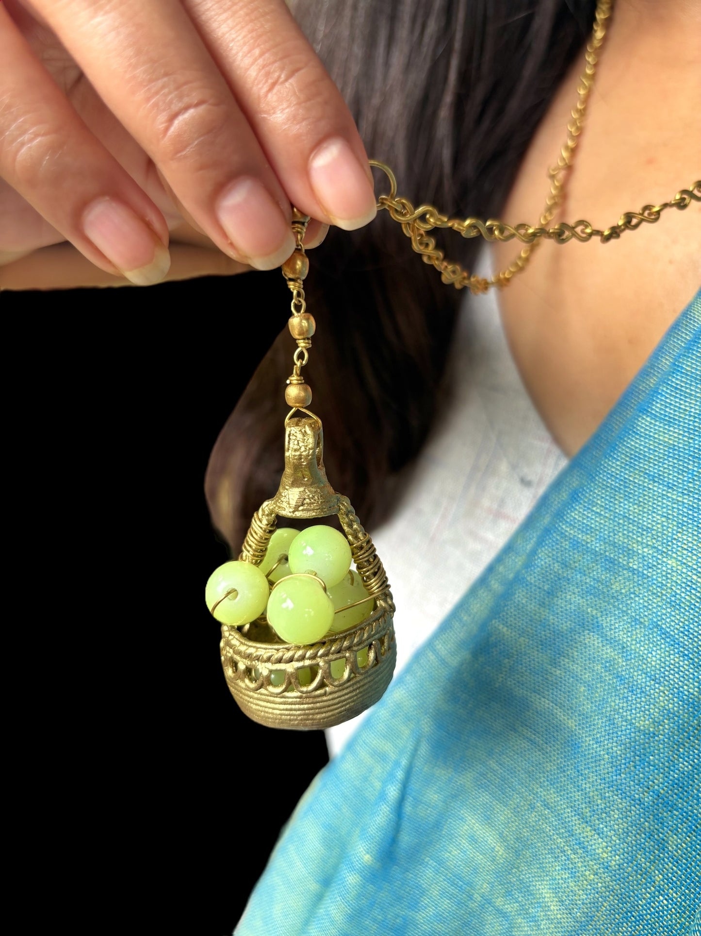 Green Grapes Basket Dokra Crystal and Brass Pendant Chain Necklace