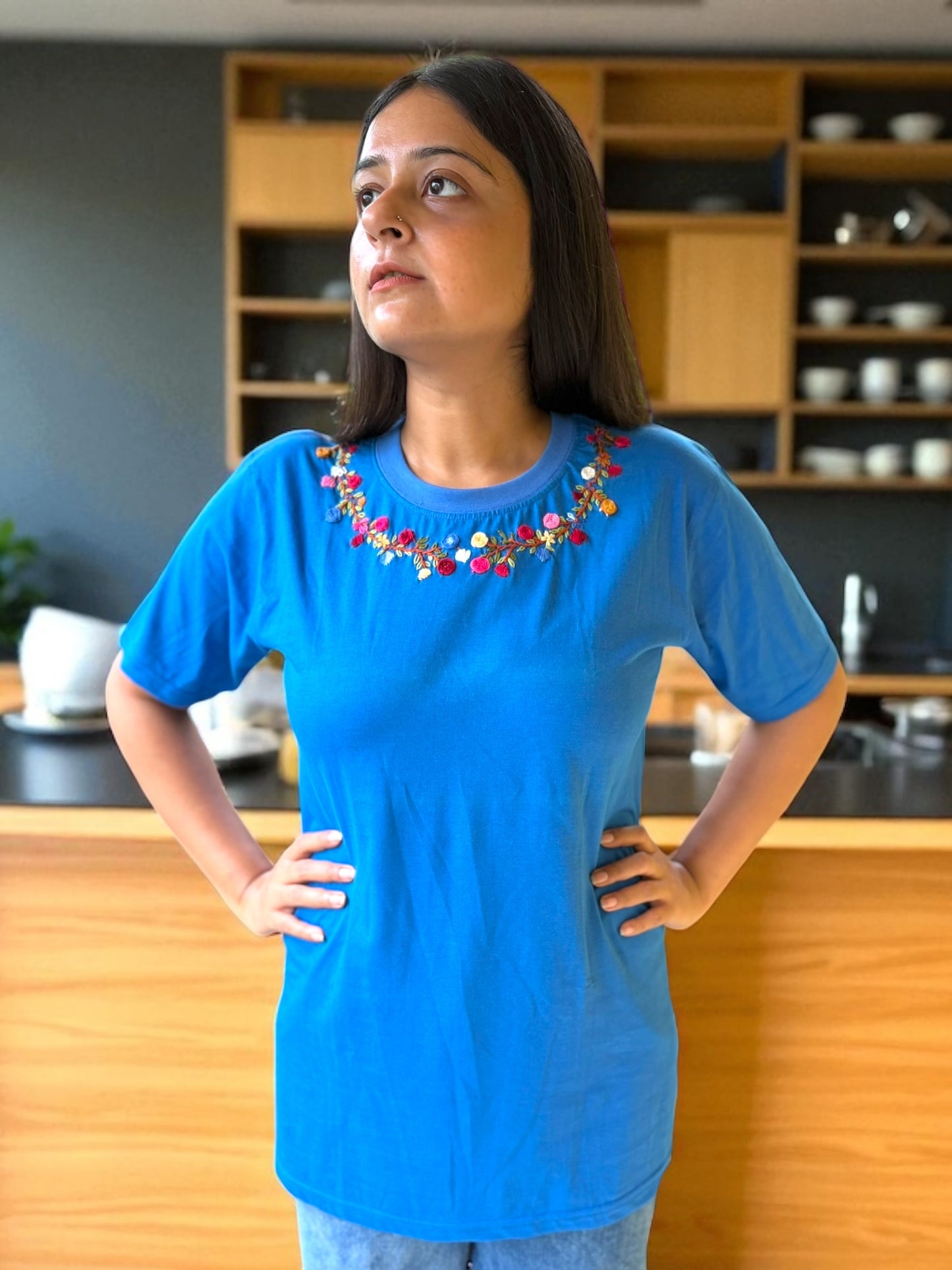 Hana Embroidered T-shirt Top - Blue Shoulder