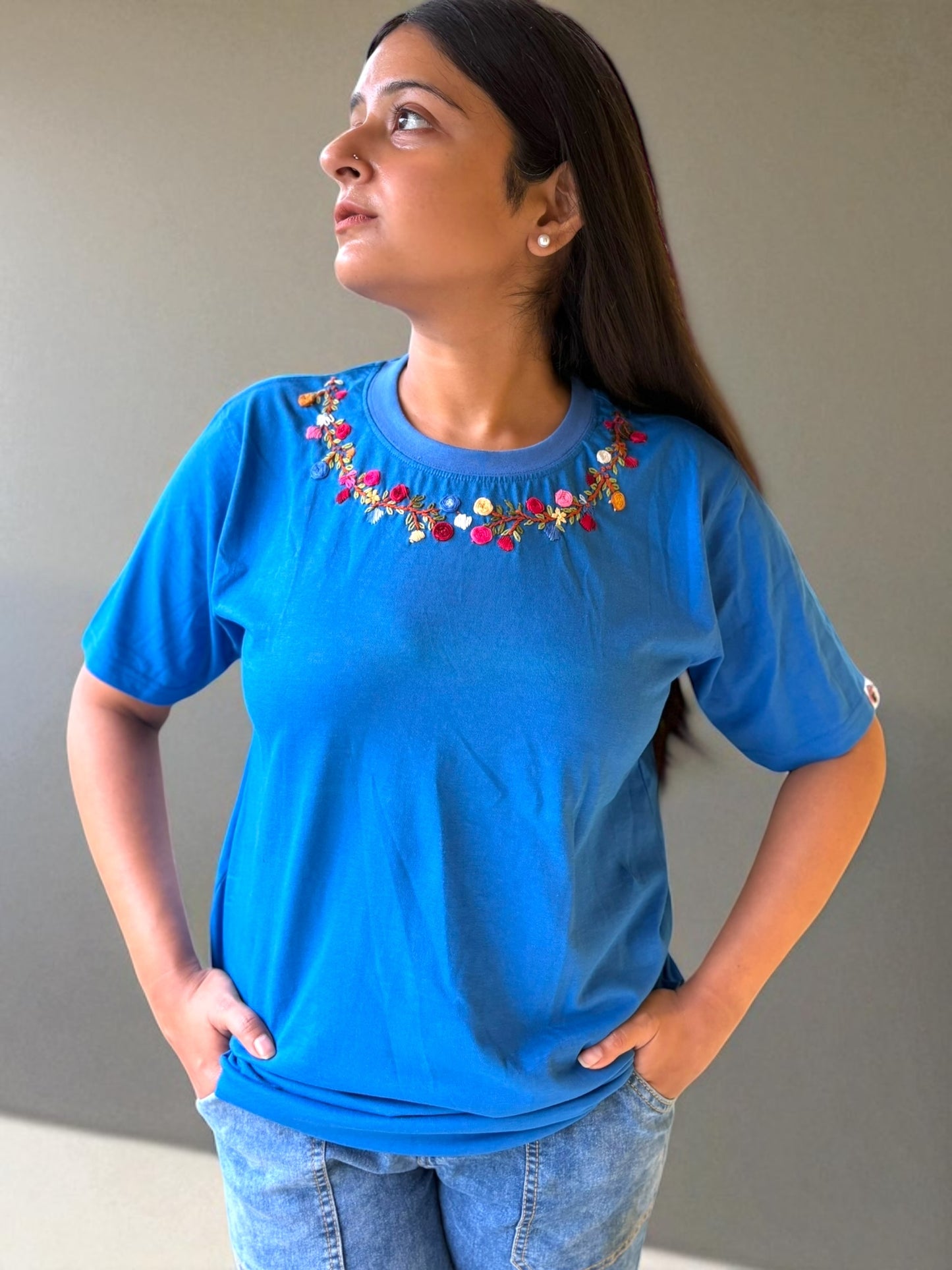 Hana Embroidered T-shirt Top - Blue Shoulder
