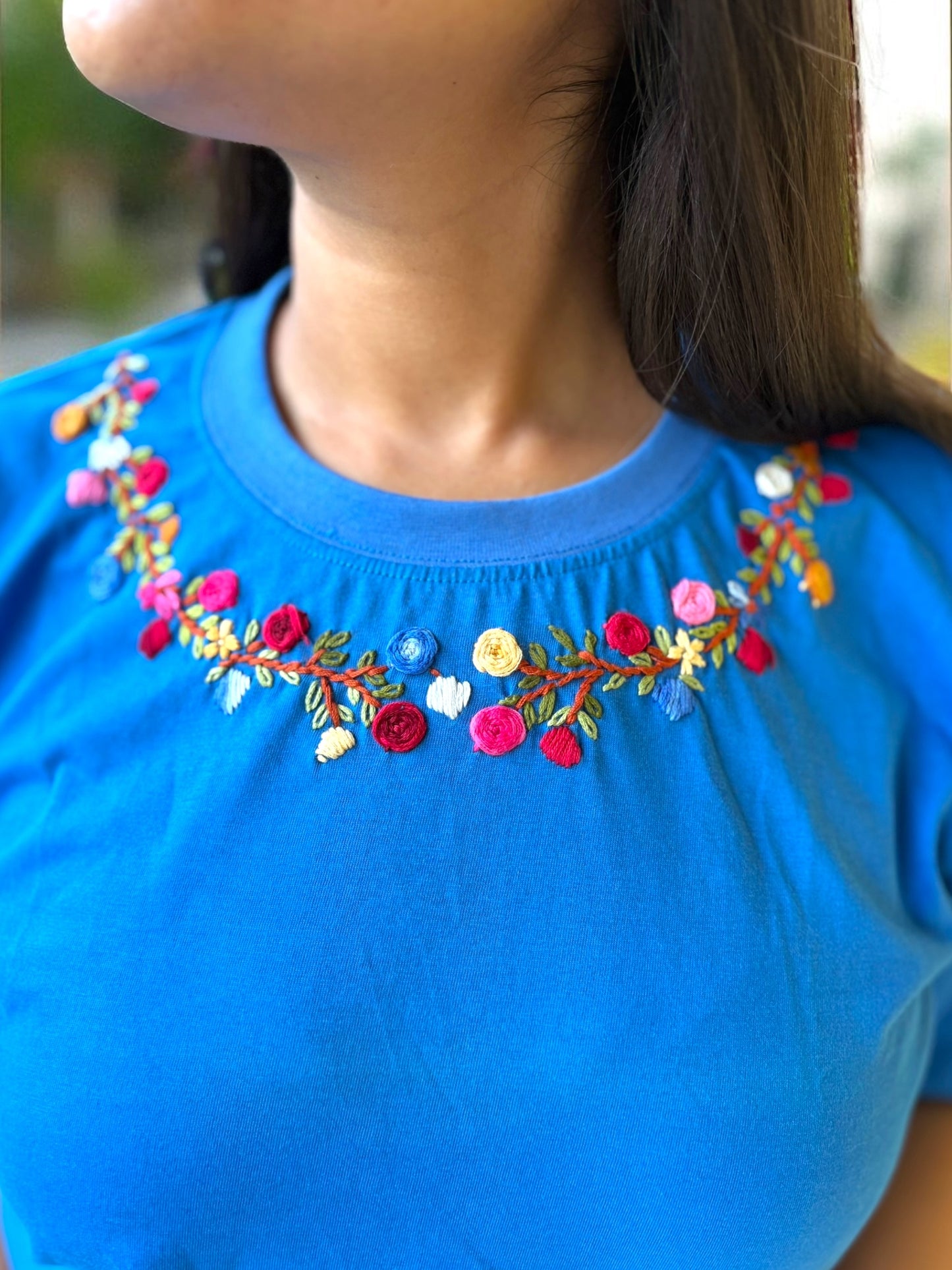 Hana Embroidered T-shirt Top - Blue Shoulder