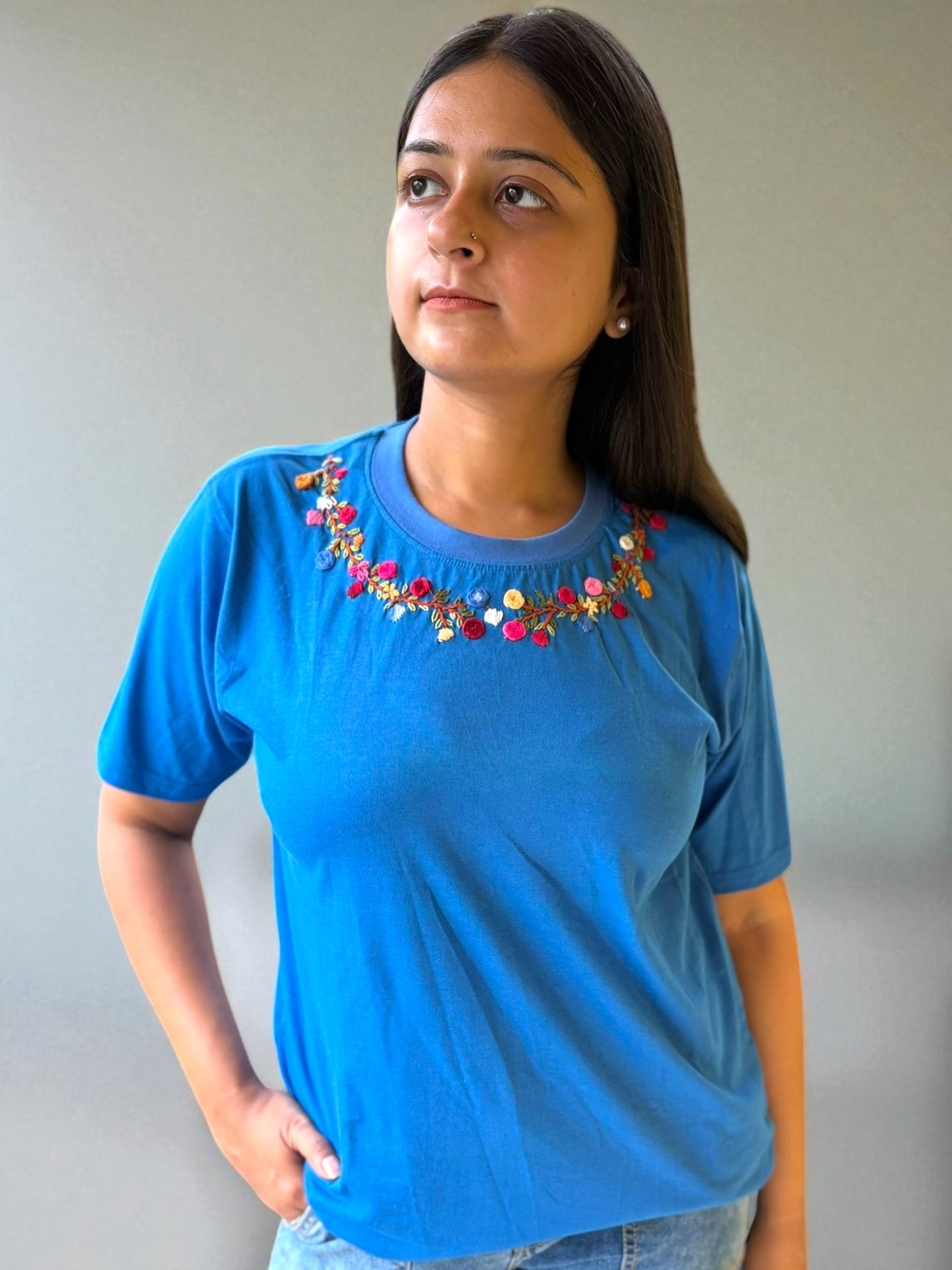 Hana Embroidered T-shirt Top - Blue Shoulder