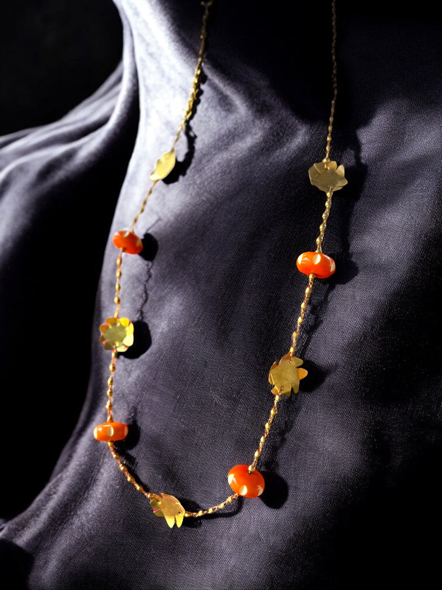 Shiuli Orange Beaded Brass Chain Necklace