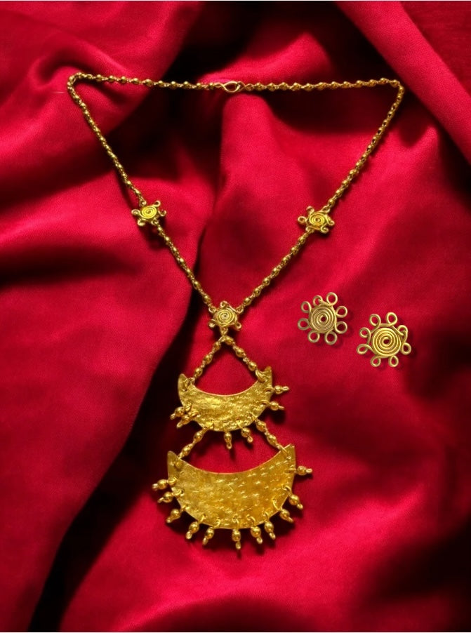 Dwitiya Chandni Moon Brass Long Pendant Chain Necklace Jewelry Set (Necklace + Earrings)