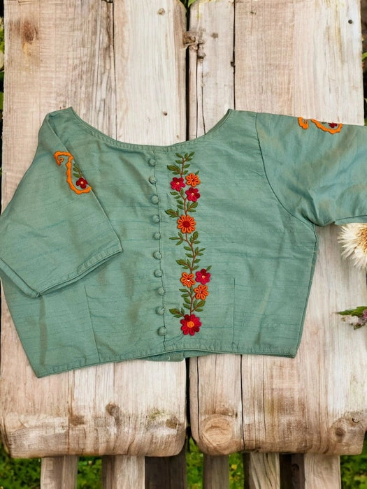 Pistachio Hand-Embroidered Cotton Silk Blouse - Sea Green