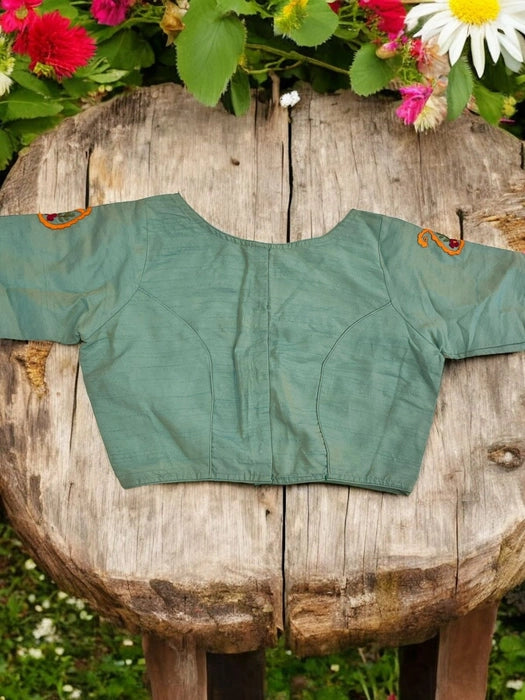 Pistachio Hand-Embroidered Cotton Silk Blouse - Sea Green