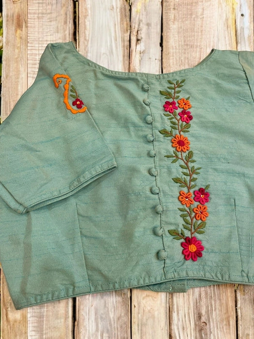 Pistachio Hand-Embroidered Cotton Silk Blouse - Sea Green