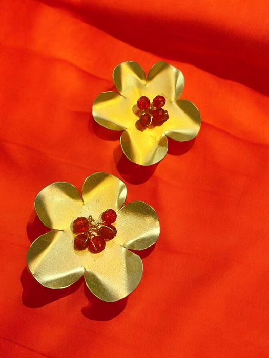 Red Beaded Ghungru Flower Brass Stud Earrings
