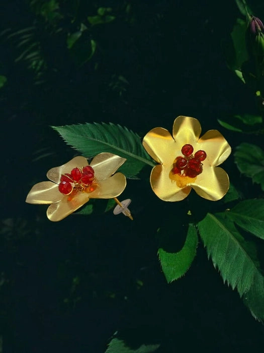 Red Beaded Ghungru Flower Brass Stud Earrings