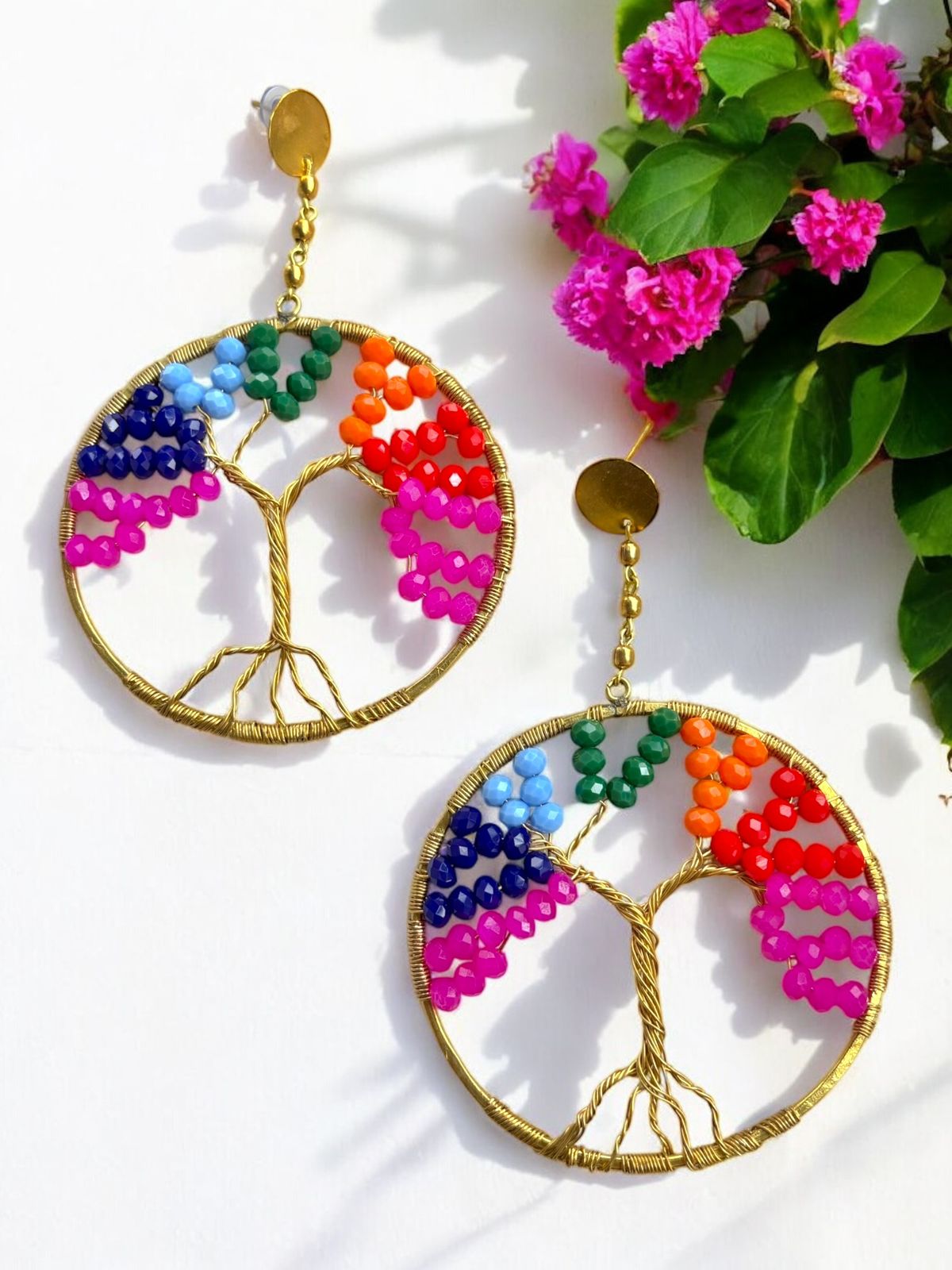 Rainbow Tree of Life Crystal and Brass Dangler Earrings