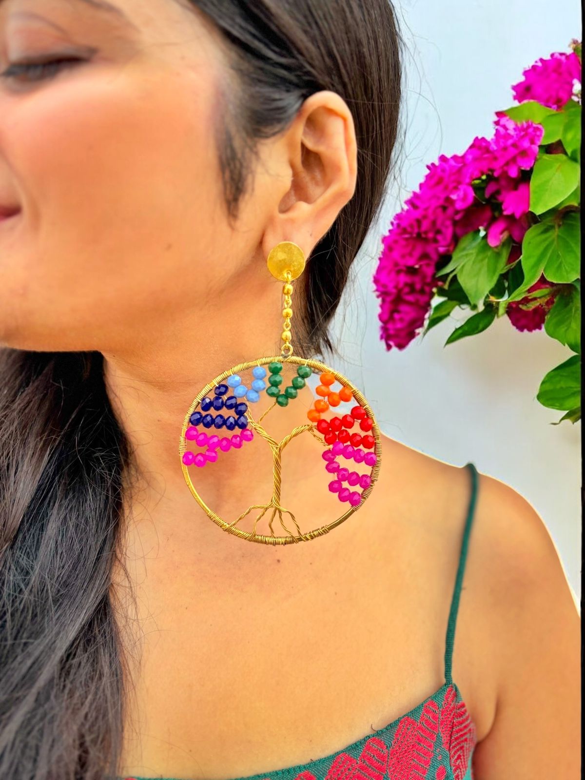 Rainbow Tree of Life Crystal and Brass Dangler Earrings