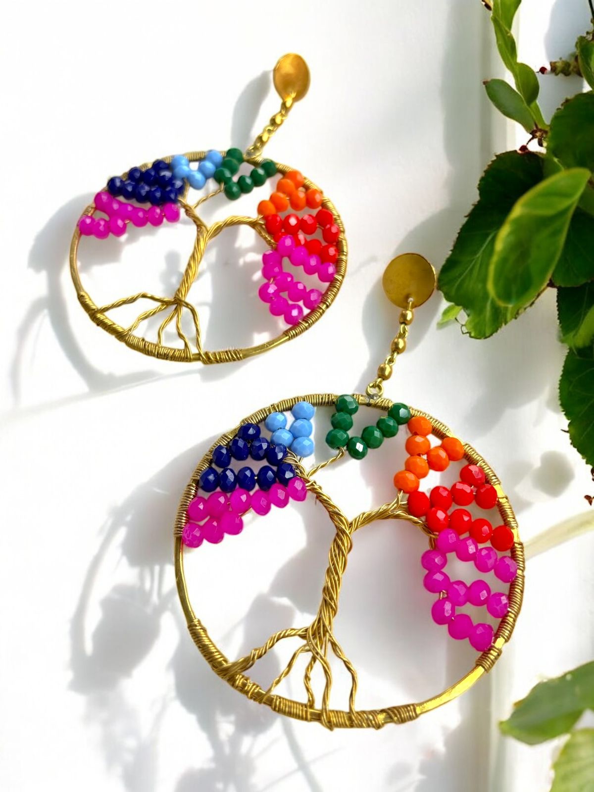 Rainbow Tree of Life Crystal and Brass Dangler Earrings