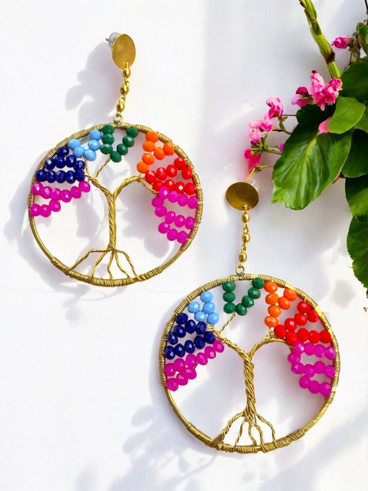 Rainbow Tree of Life Crystal and Brass Dangler Earrings