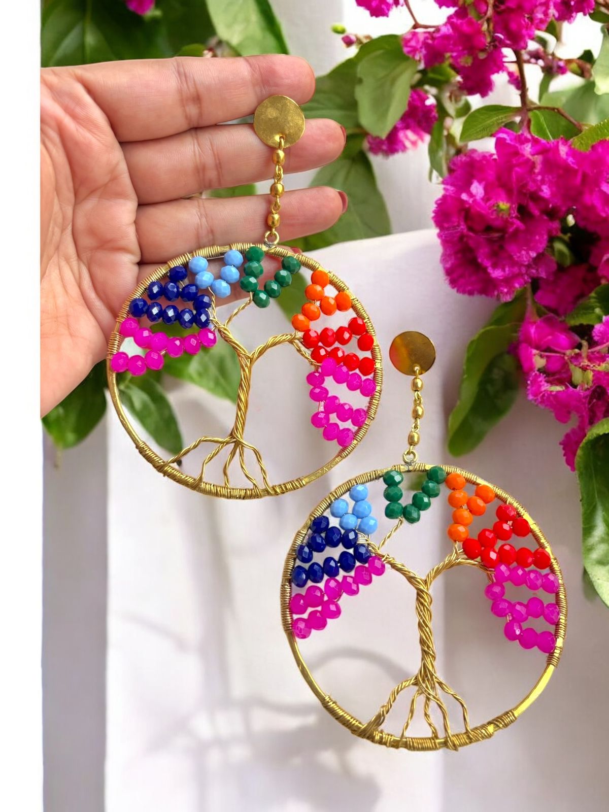 Rainbow Tree of Life Crystal and Brass Dangler Earrings