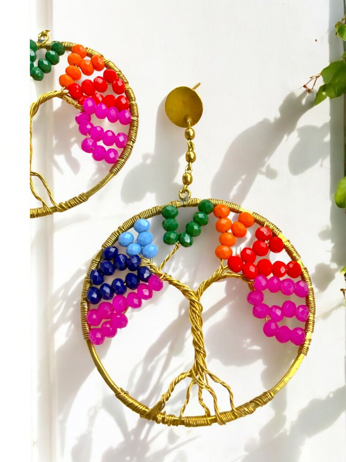 Rainbow Tree of Life Crystal and Brass Dangler Earrings
