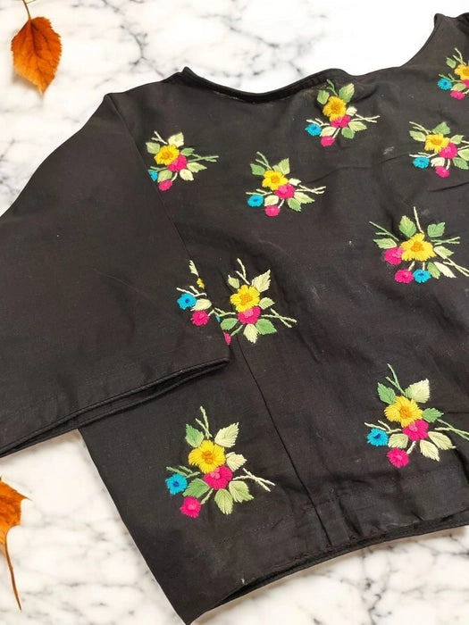 Vibhabari Hand- Embroidered Glass Sleeved Blouse - Black
