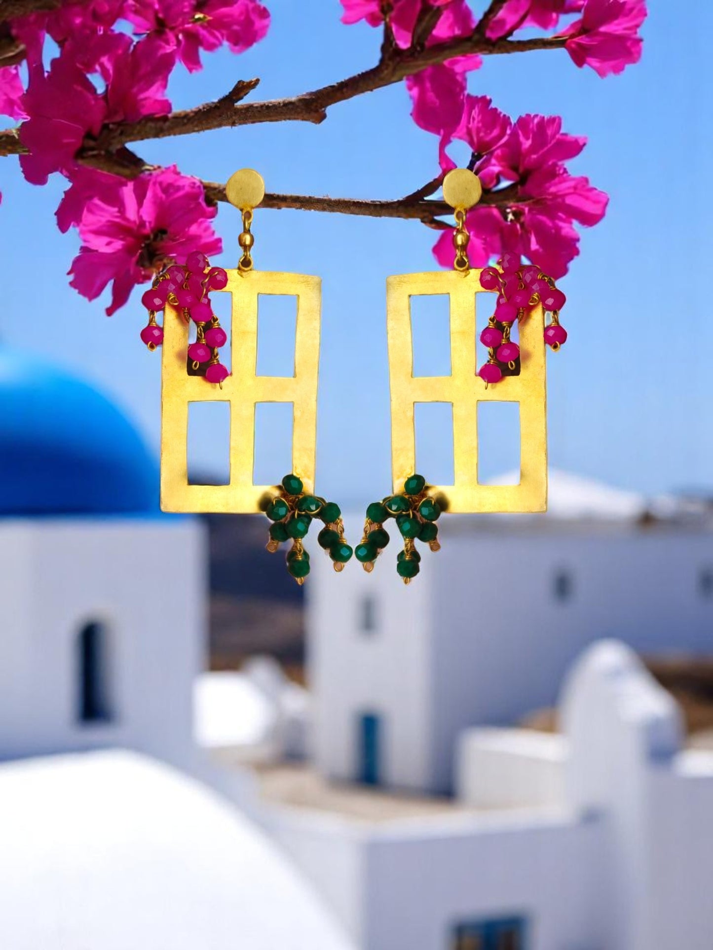 Window in Greece Crystal and Brass Dangler Earrings