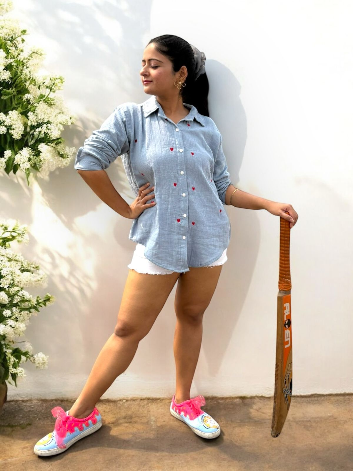 Sweet Hearts Embroidered Crinkled Cotton Shirt - Blue