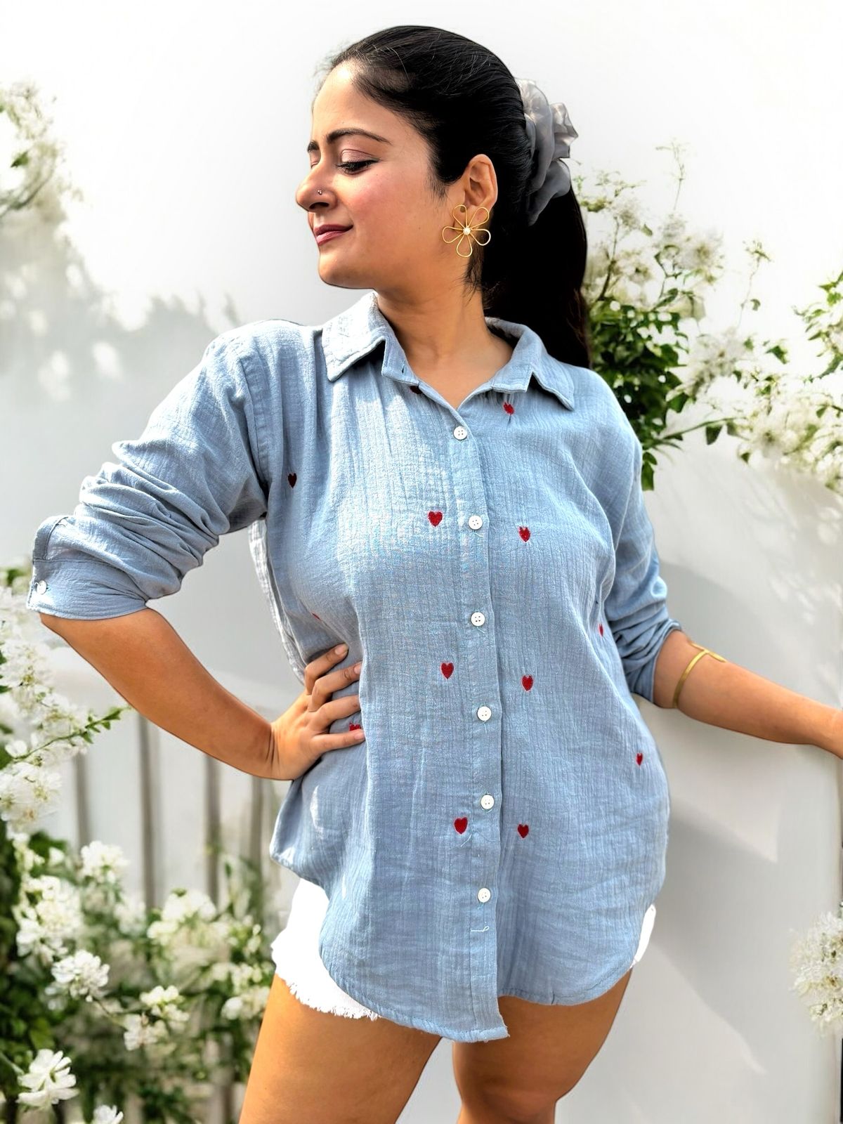 Sweet Hearts Embroidered Crinkled Cotton Shirt - Blue