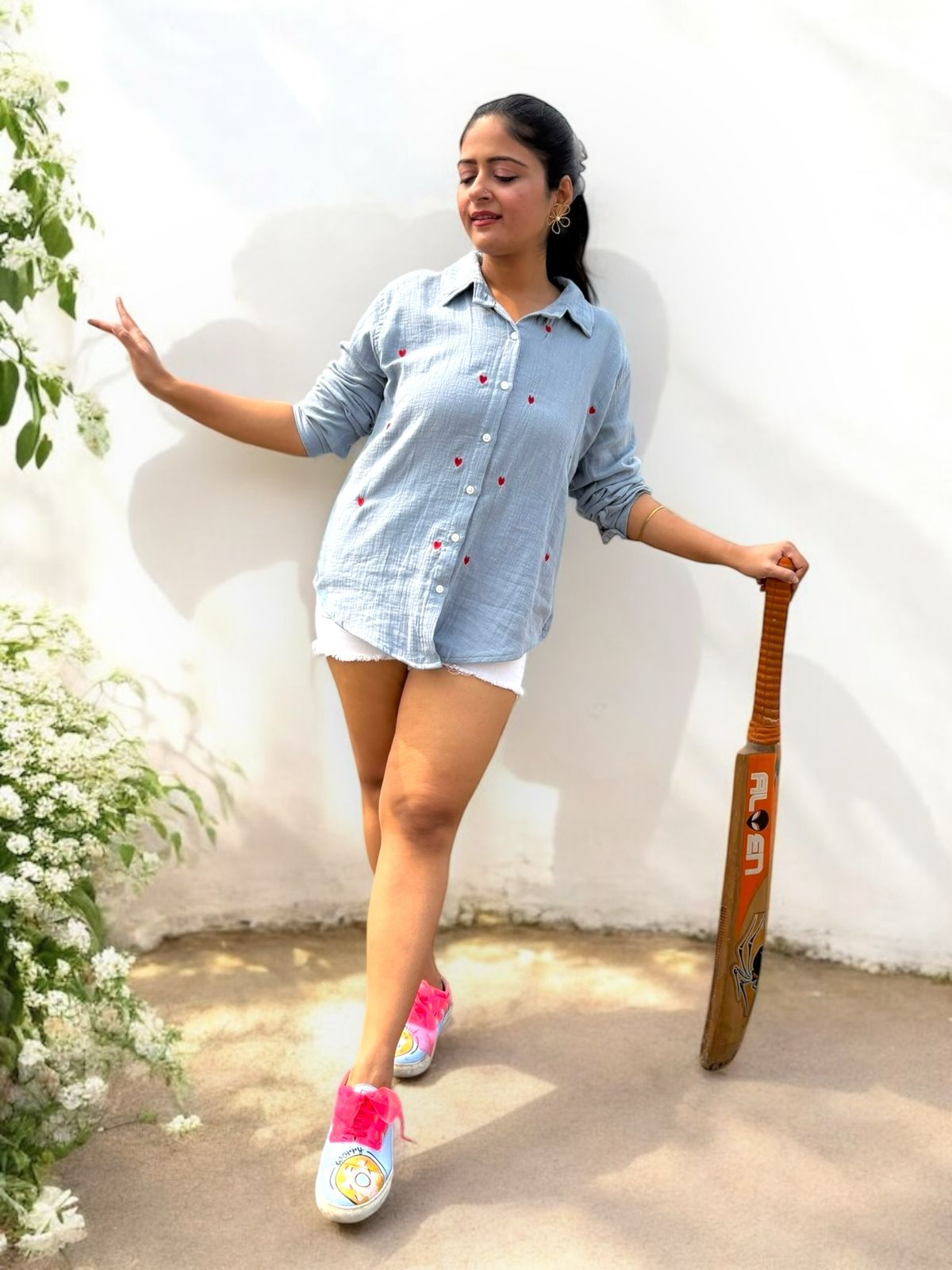 Sweet Hearts Embroidered Crinkled Cotton Shirt - Blue
