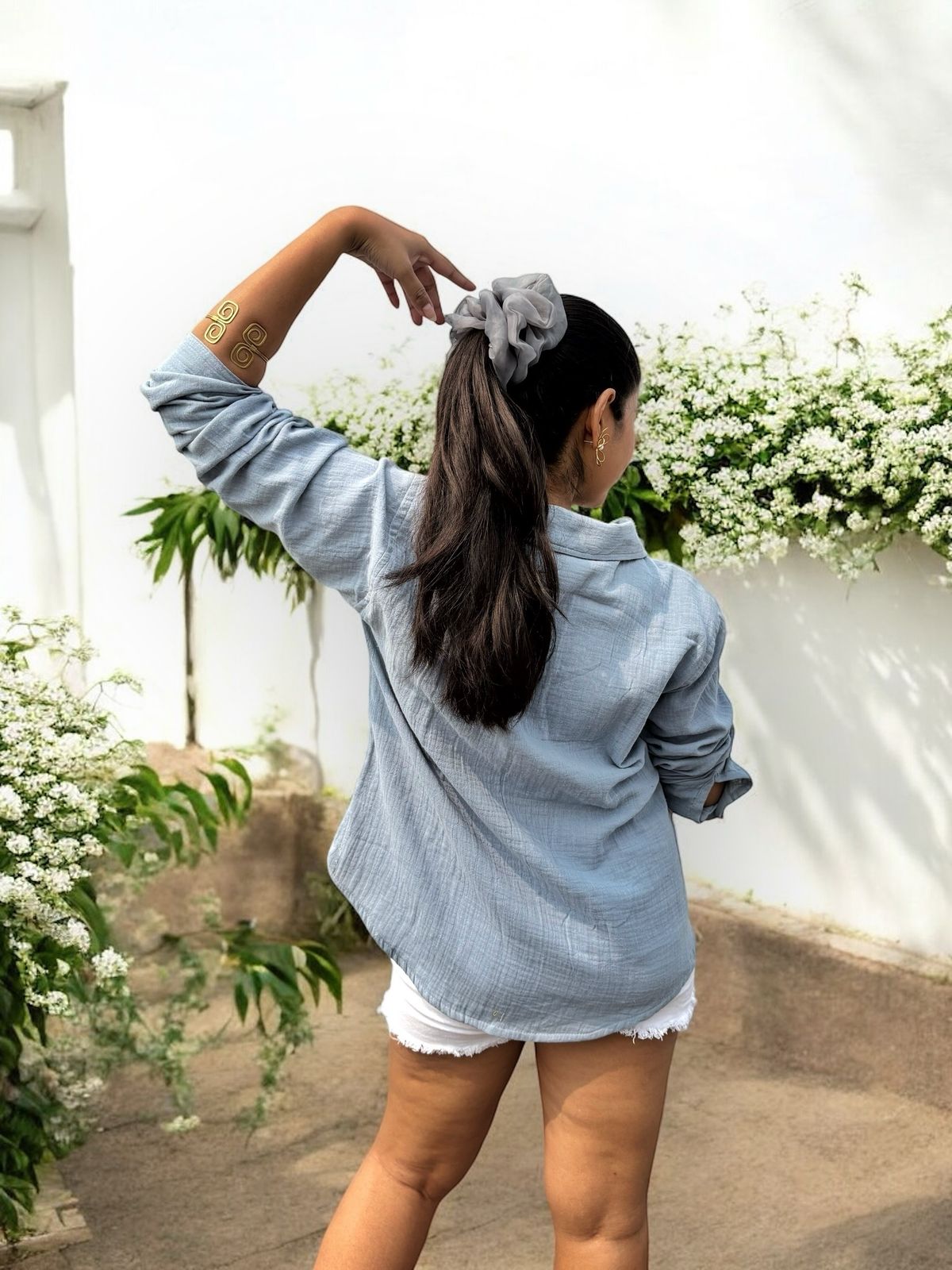 Sweet Hearts Embroidered Crinkled Cotton Shirt - Blue
