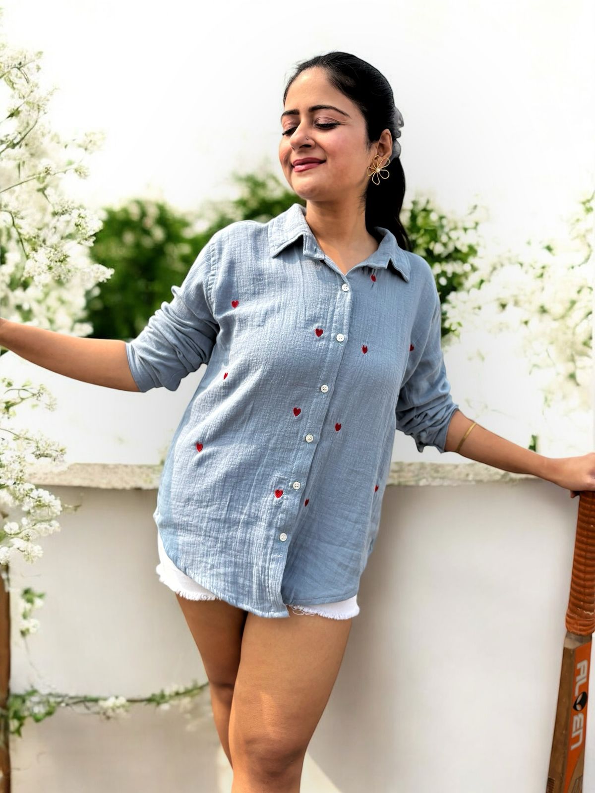 Sweet Hearts Embroidered Crinkled Cotton Shirt - Blue