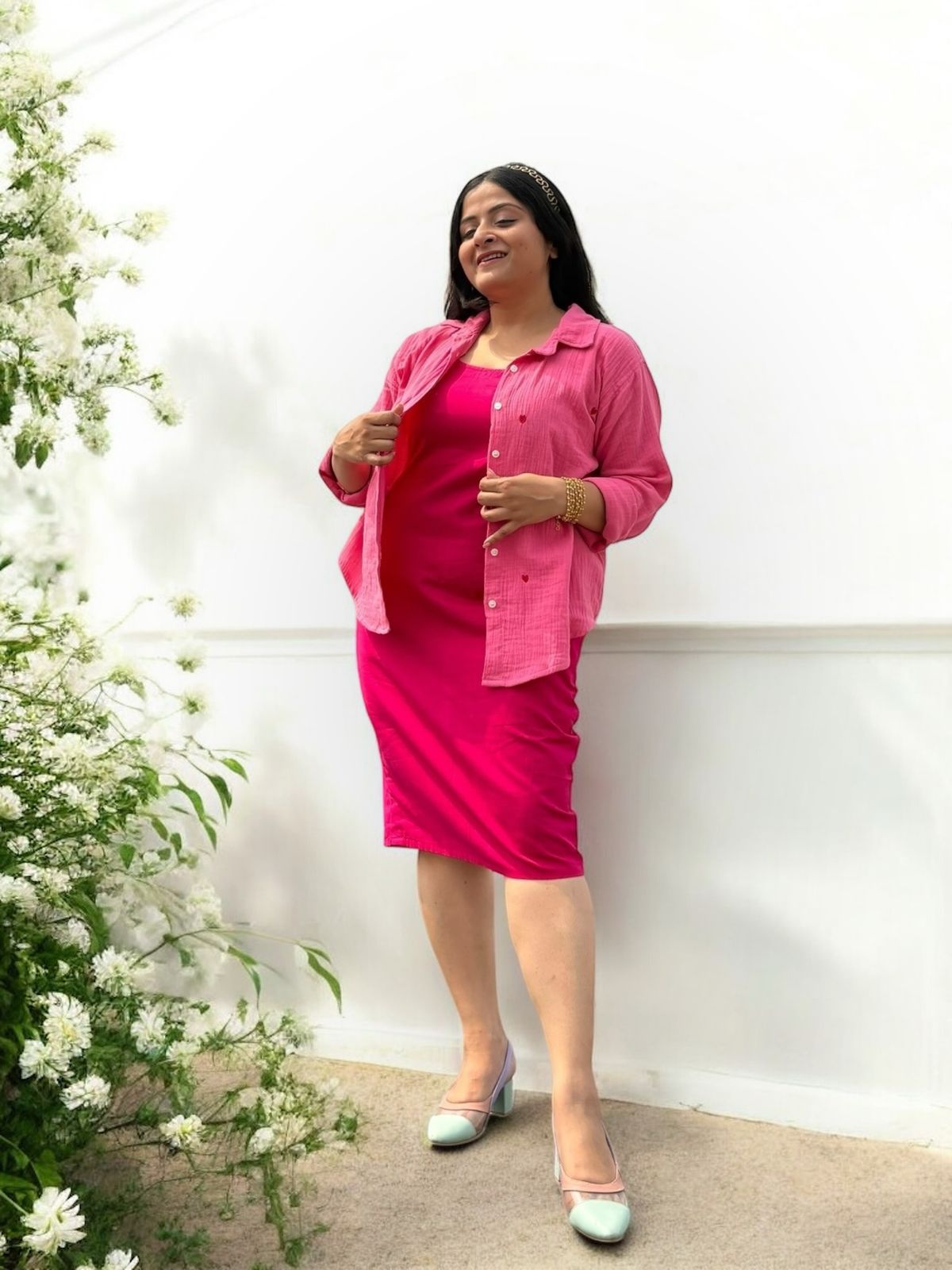 Sweet Hearts Embroidered Crinkled Cotton Shirt - Pink