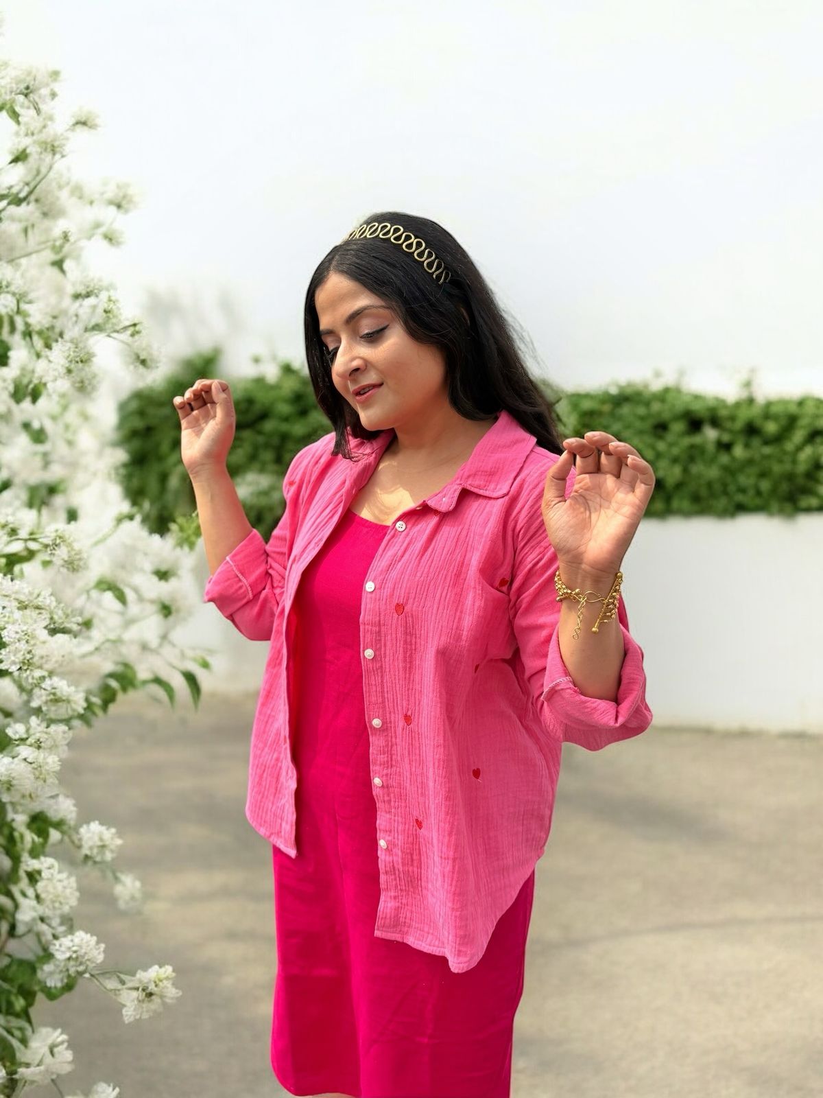 Sweet Hearts Embroidered Crinkled Cotton Shirt - Pink