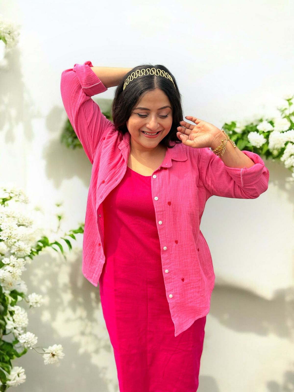 Sweet Hearts Embroidered Crinkled Cotton Shirt - Pink