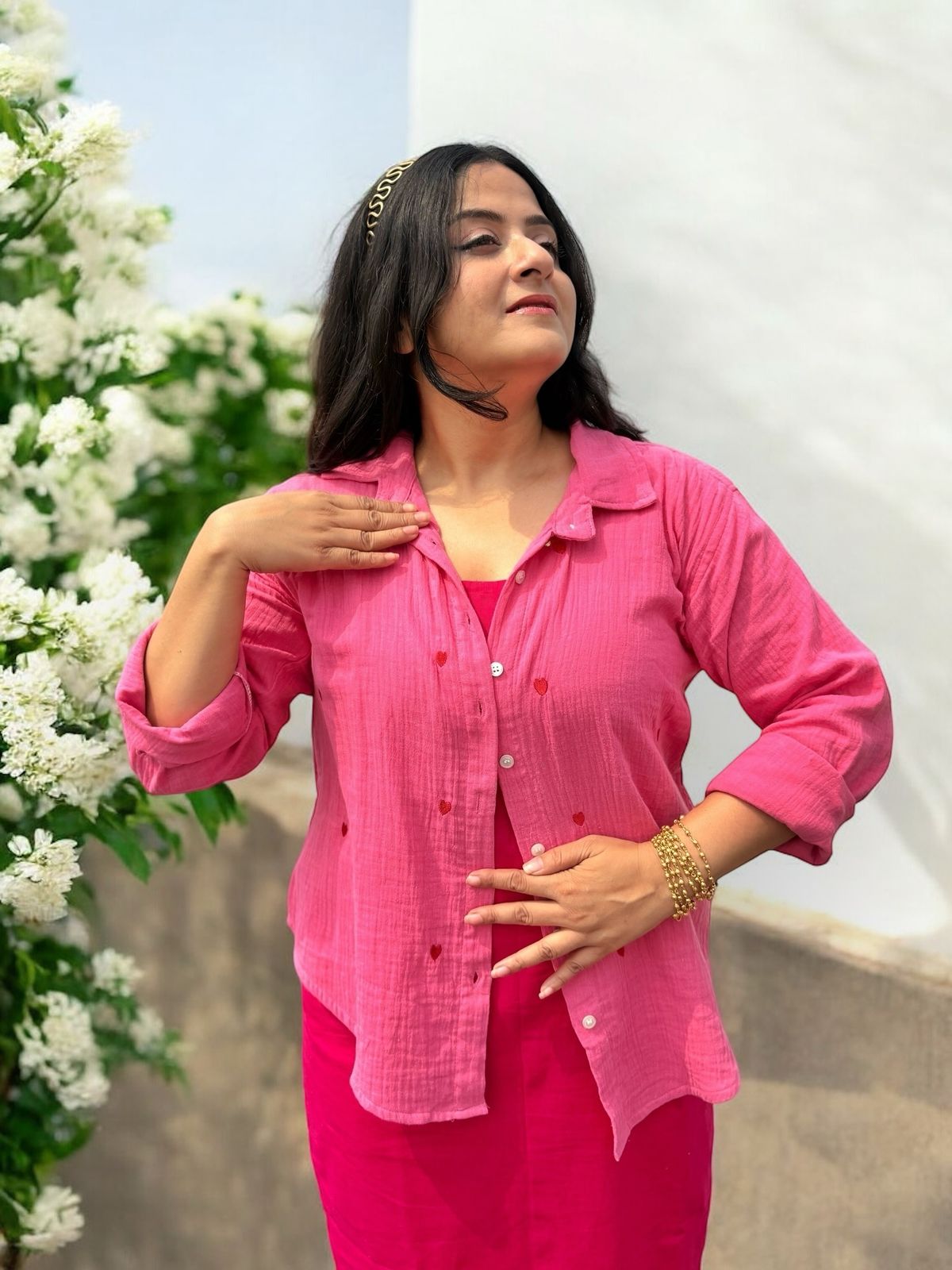 Sweet Hearts Embroidered Crinkled Cotton Shirt - Pink