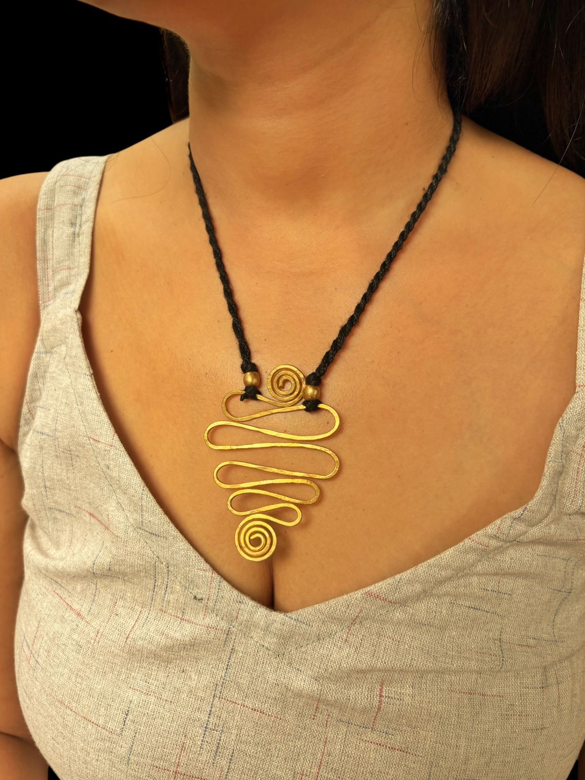 Zigzag Double Spiral Brass Pendant Chain Necklace