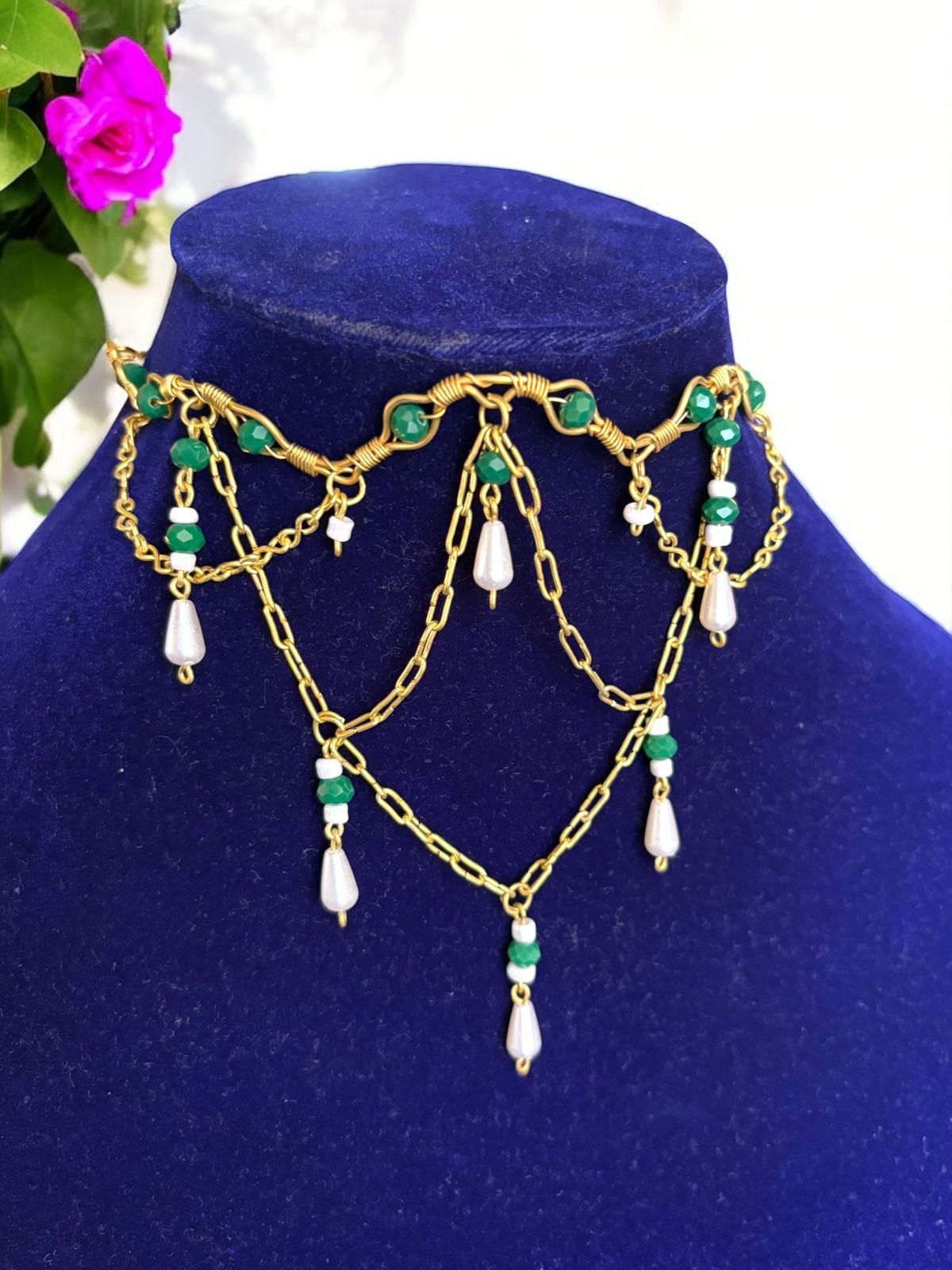 Queen Charlotte Crystal and Brass Choker Necklace - Green