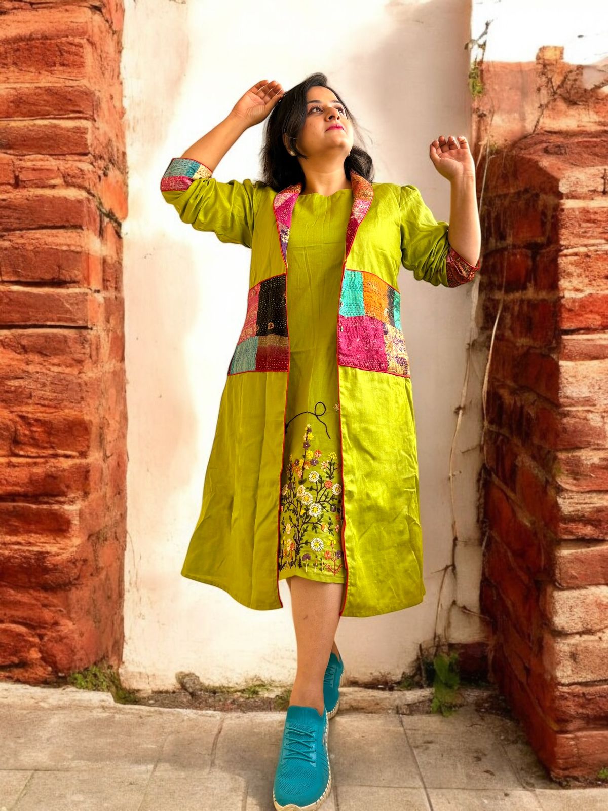 moner-manush-patchwork-cotton-long-jacket-green