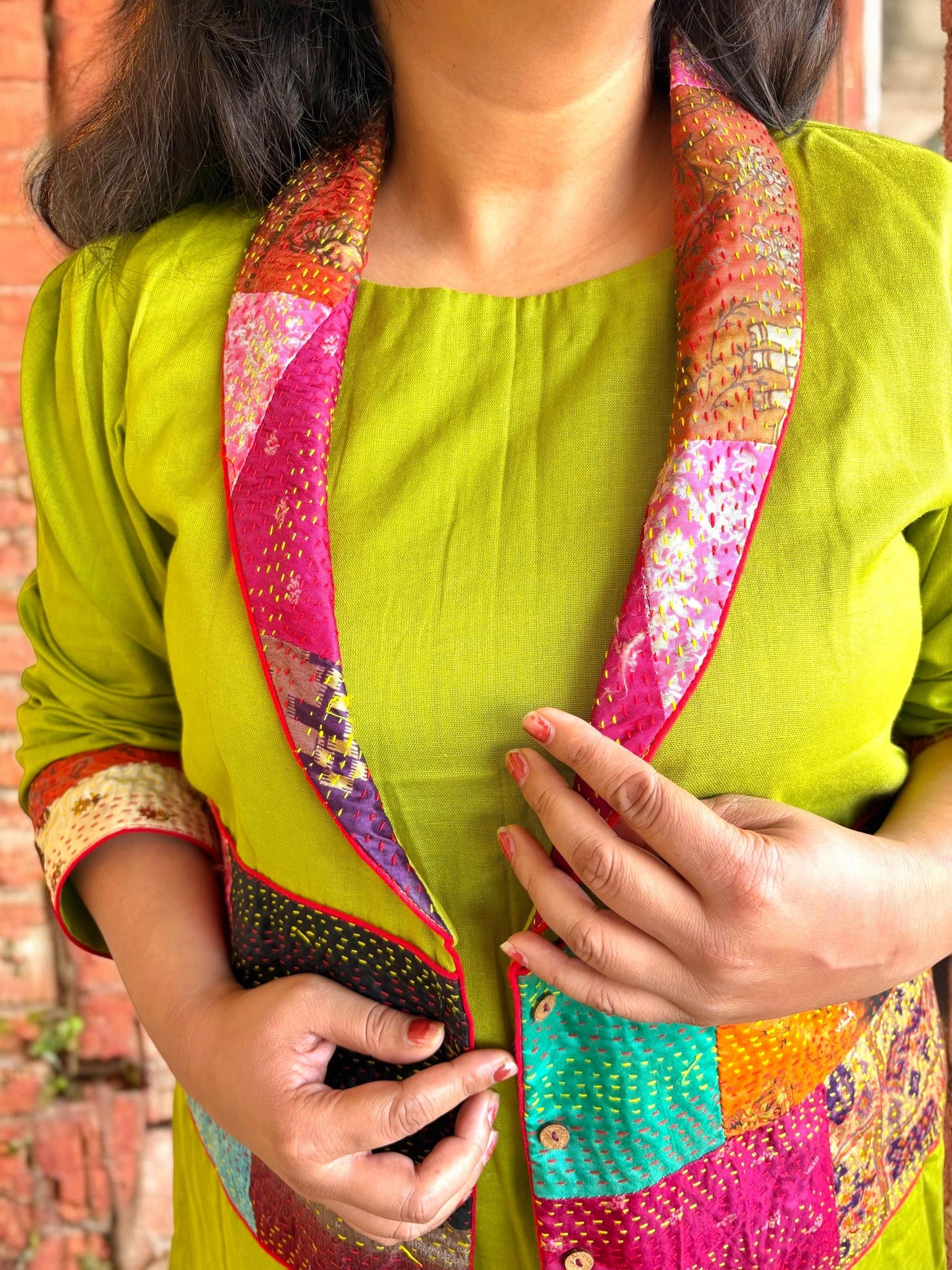 moner-manush-patchwork-cotton-long-jacket-green