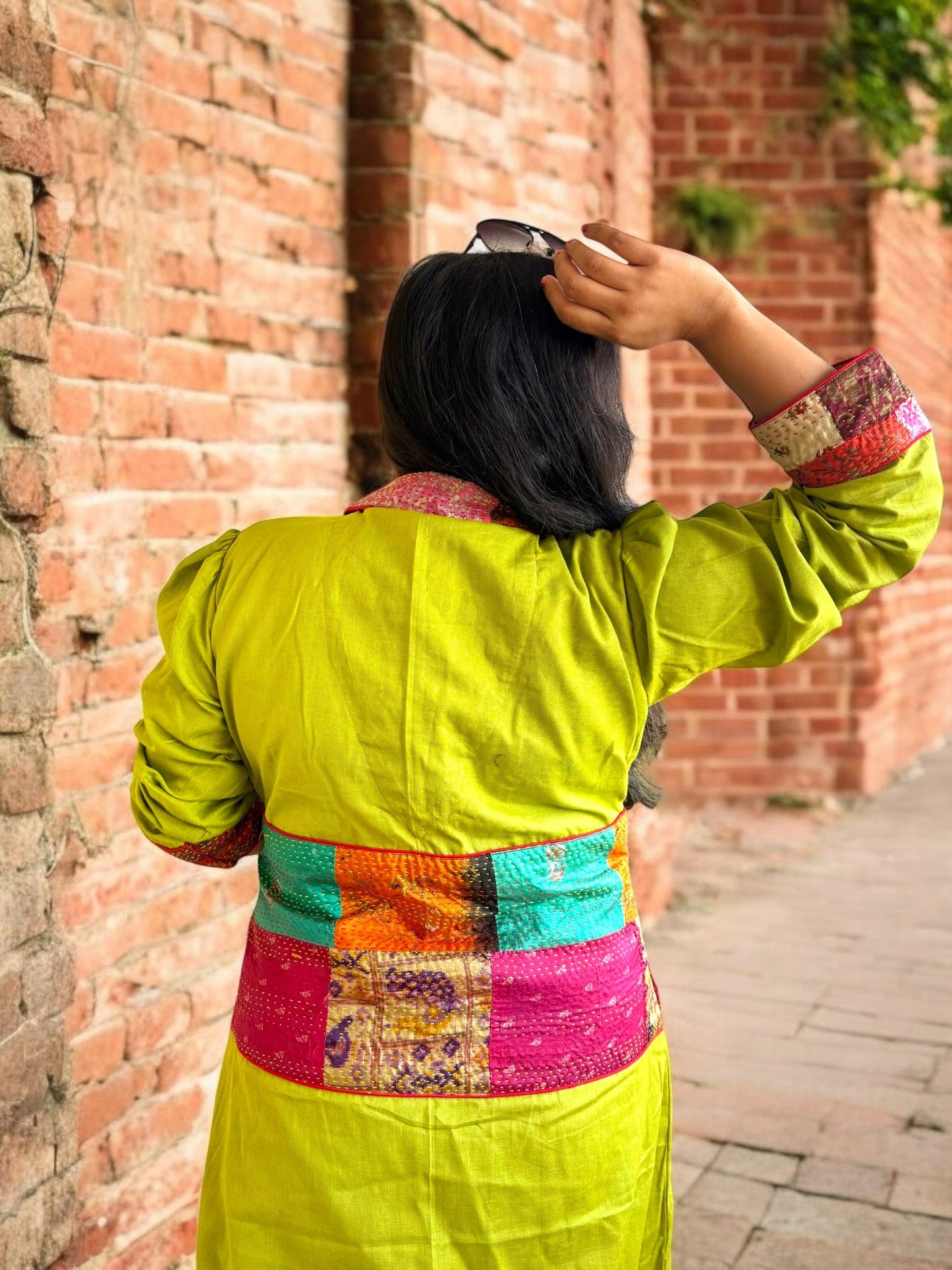 moner-manush-patchwork-cotton-long-jacket-green