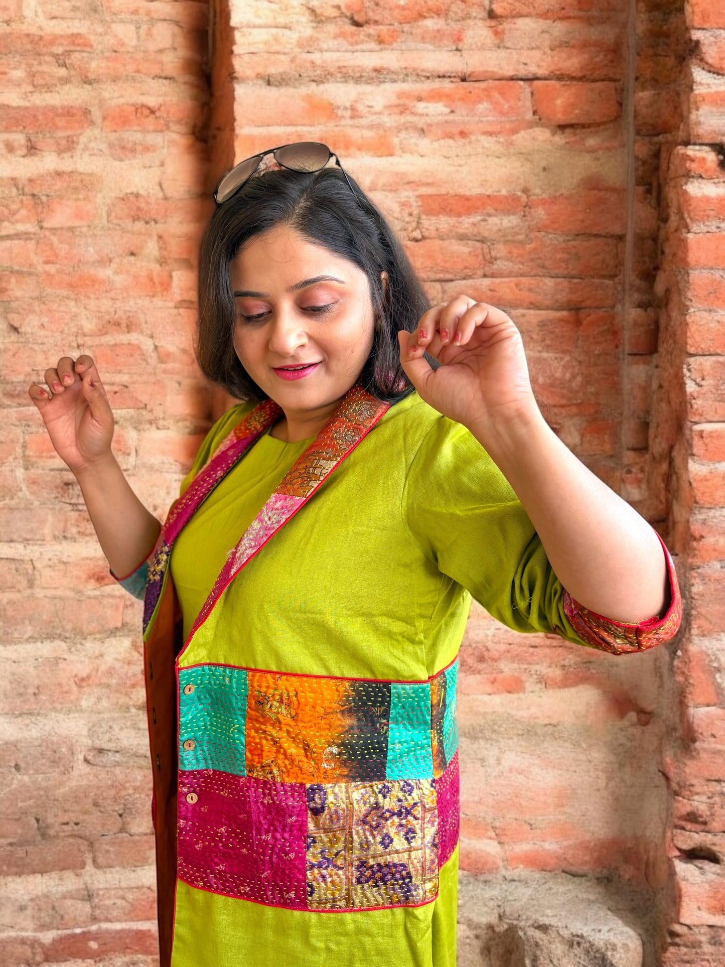 moner-manush-patchwork-cotton-long-jacket-green