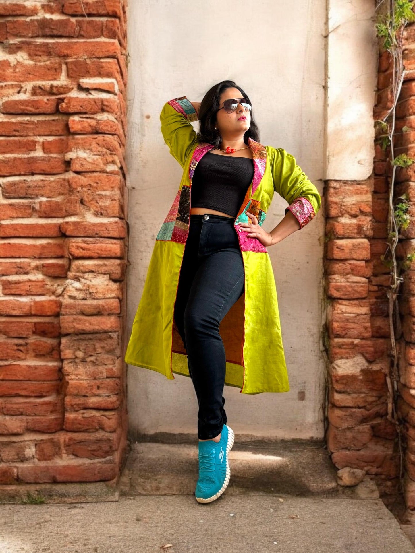 moner-manush-patchwork-cotton-long-jacket-green