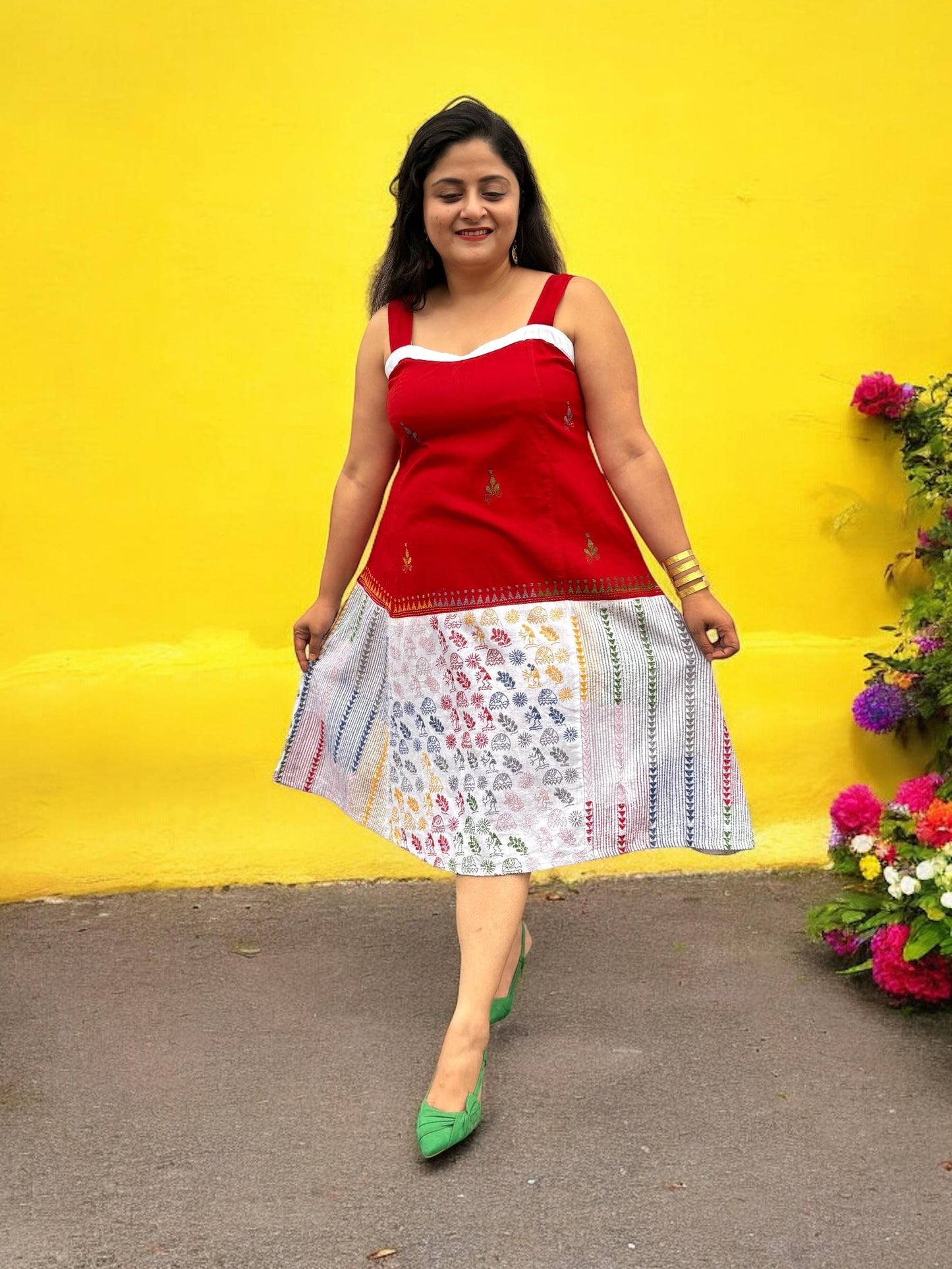 khushi-kantha-cotton-a-line-dress-red-white
