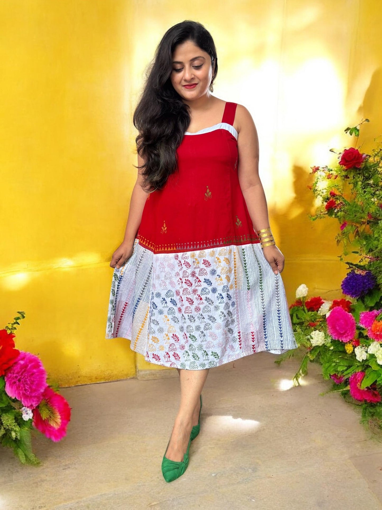 khushi-kantha-cotton-a-line-dress-red-white