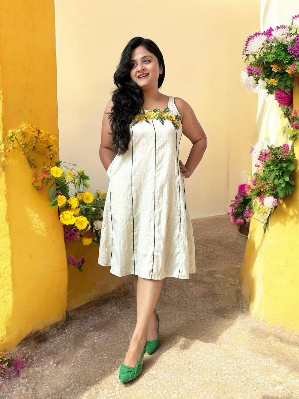 akanksha-applique-cotton-striped-shift-dress