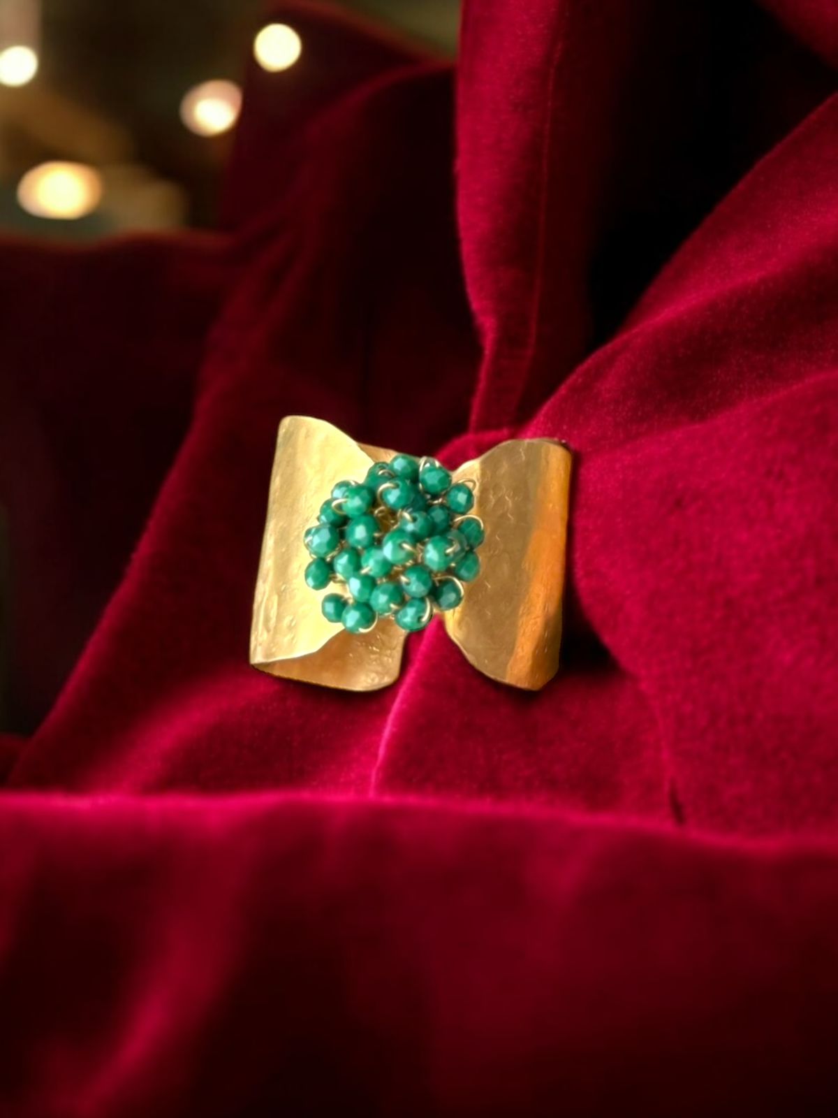 Flower Bouquet Cuff Crystal and Brass Bracelet - Green