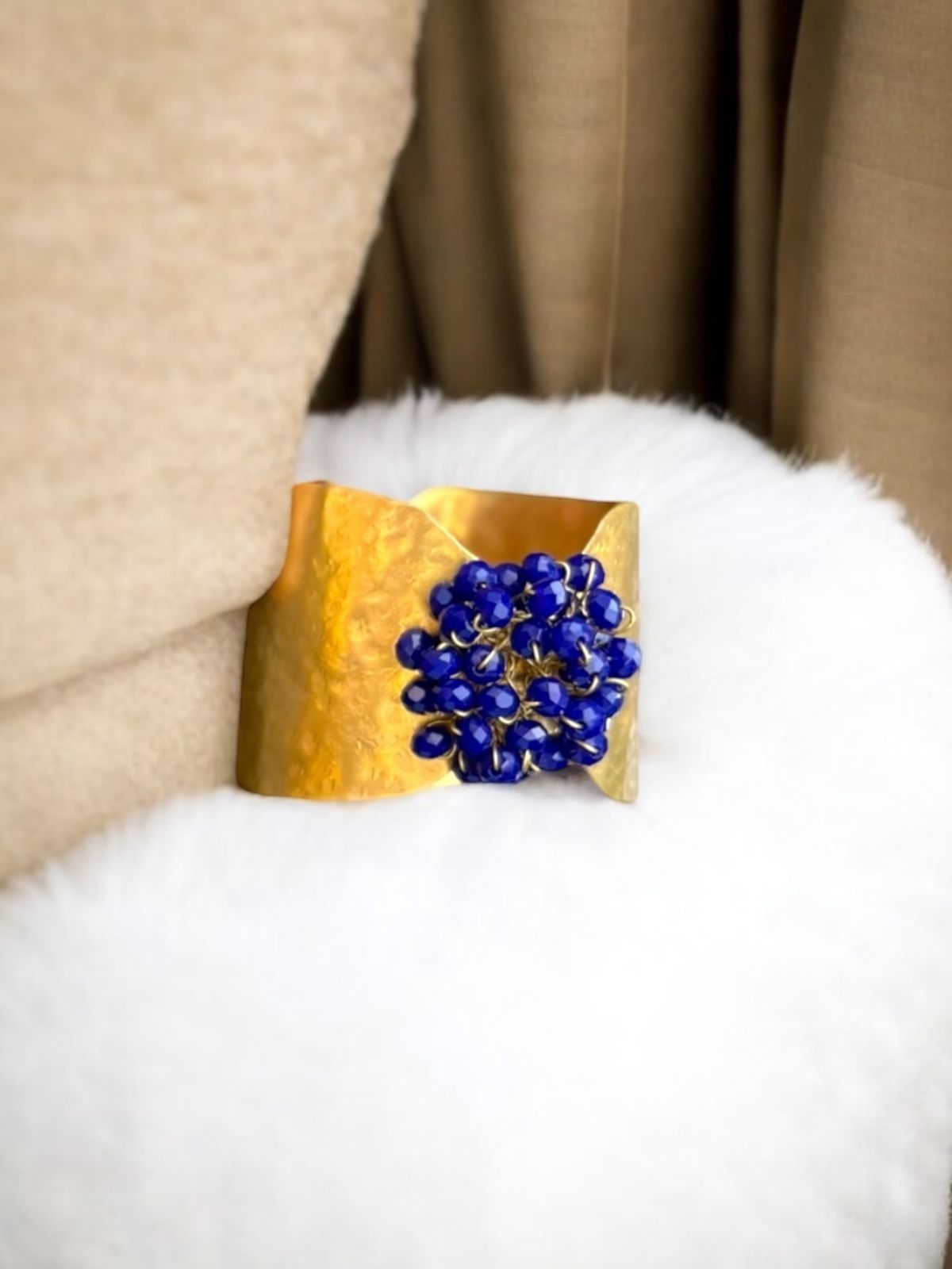 Flower Bouquet Cuff Crystal and Brass Bracelet - Blue