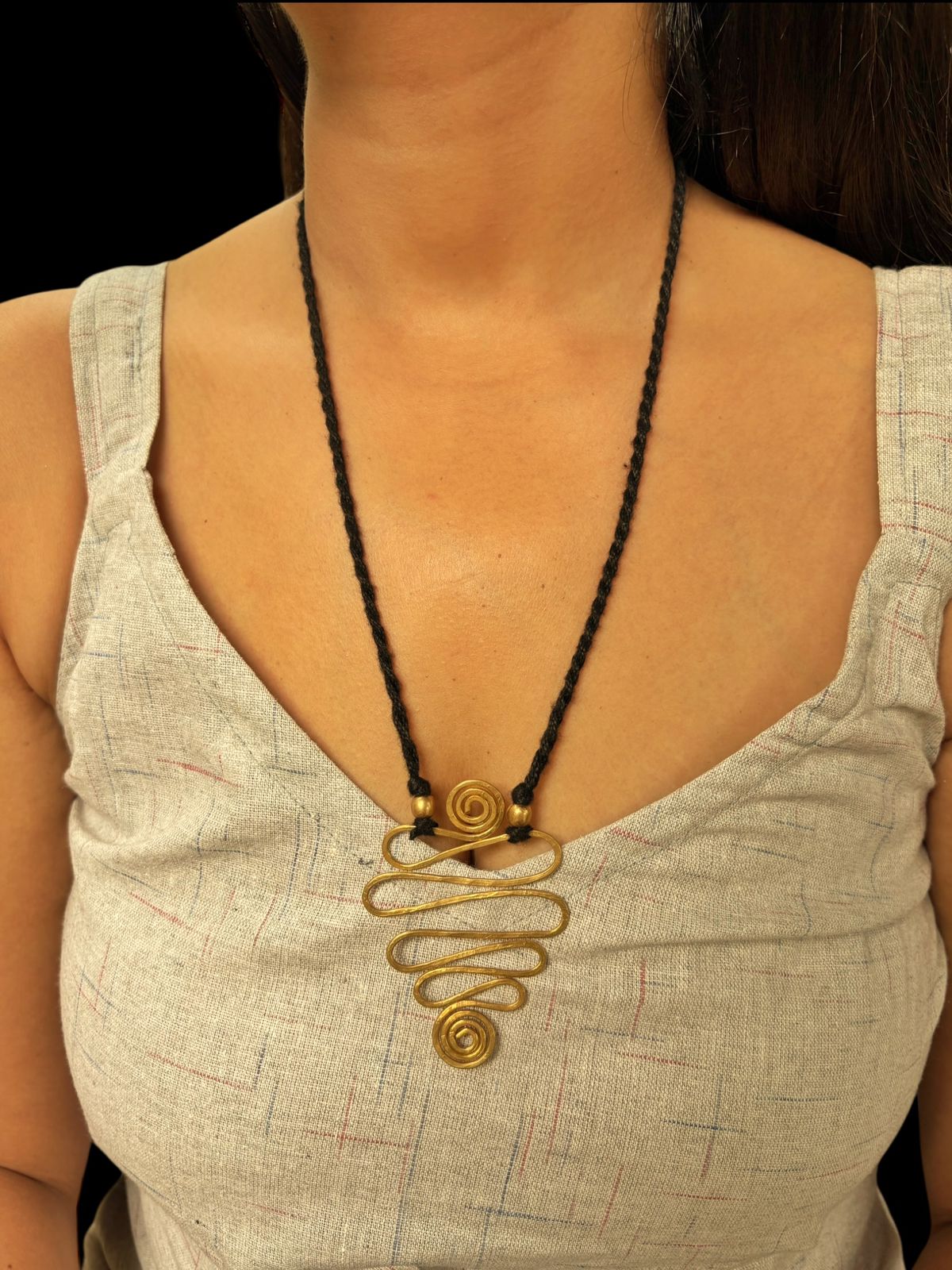 Zigzag Double Spiral Brass Pendant Chain Necklace