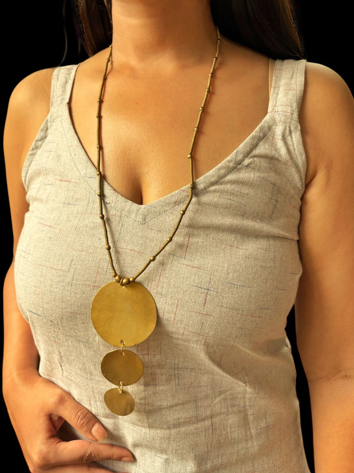 Tri-Disc Pendant Long Chain Brass Necklace