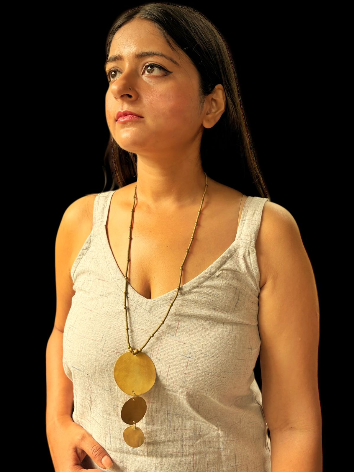 Tri-Disc Pendant Long Chain Brass Necklace