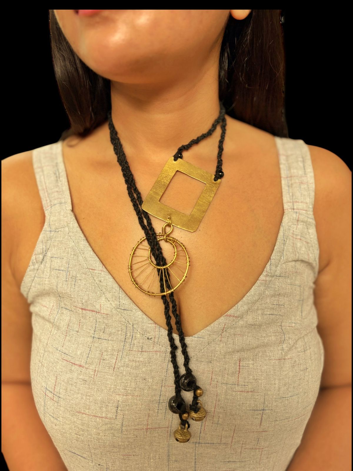 Spiral in a Square 3-Way Brass Pendant Chain Necklace