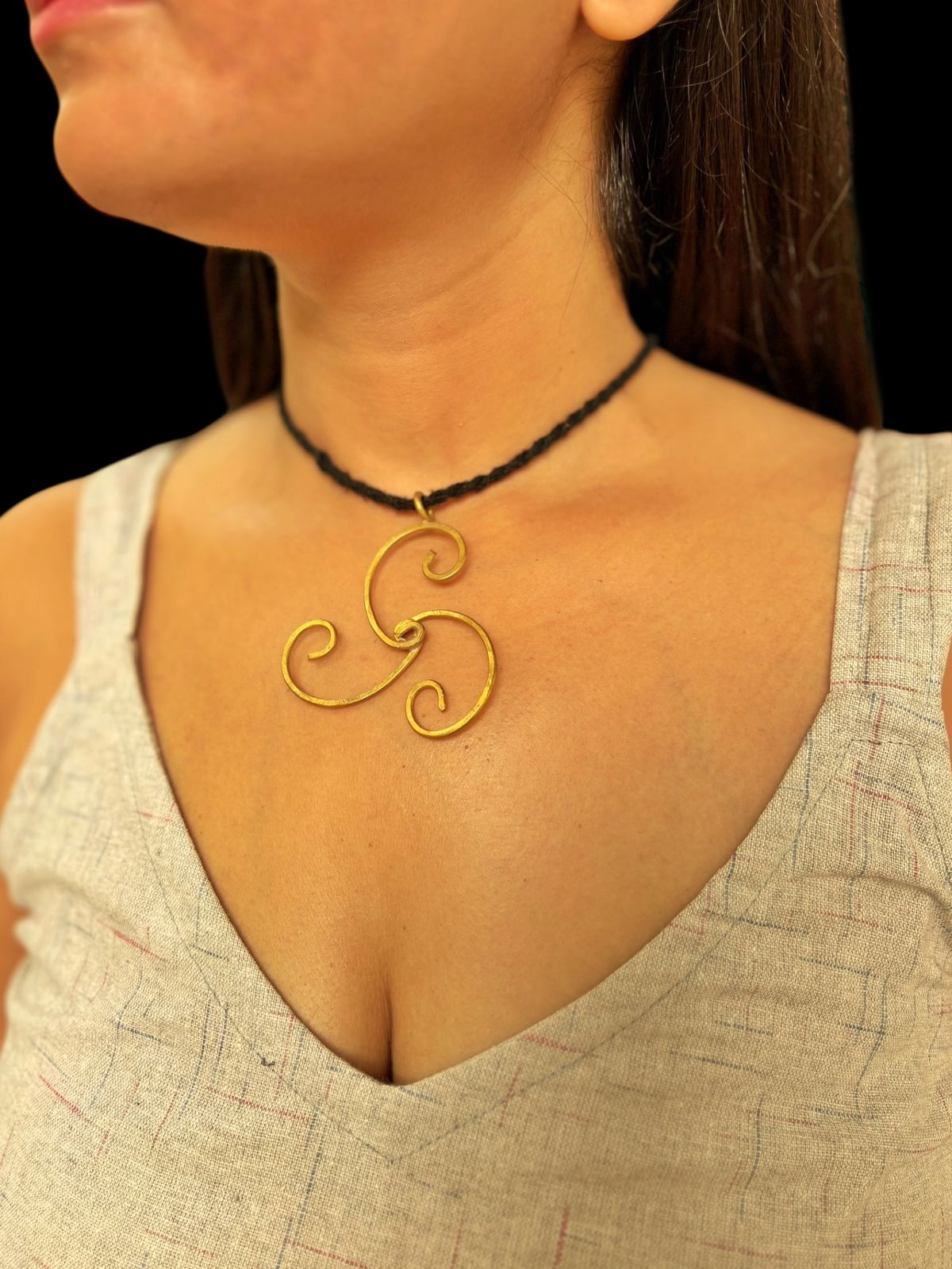 Tri Spiral Wheel Brass Pendant Chain Necklace