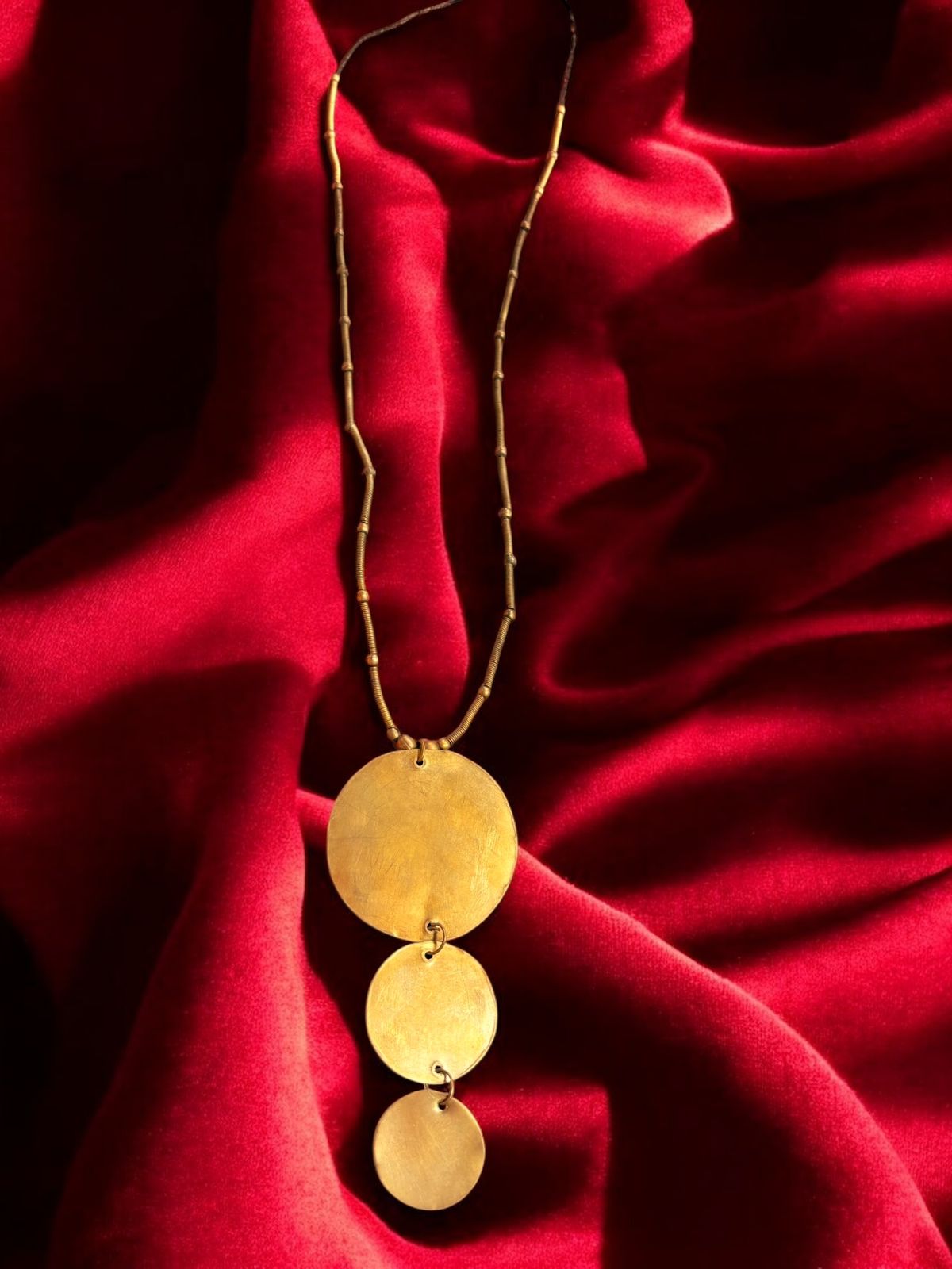 Tri-Disc Pendant Long Chain Brass Necklace