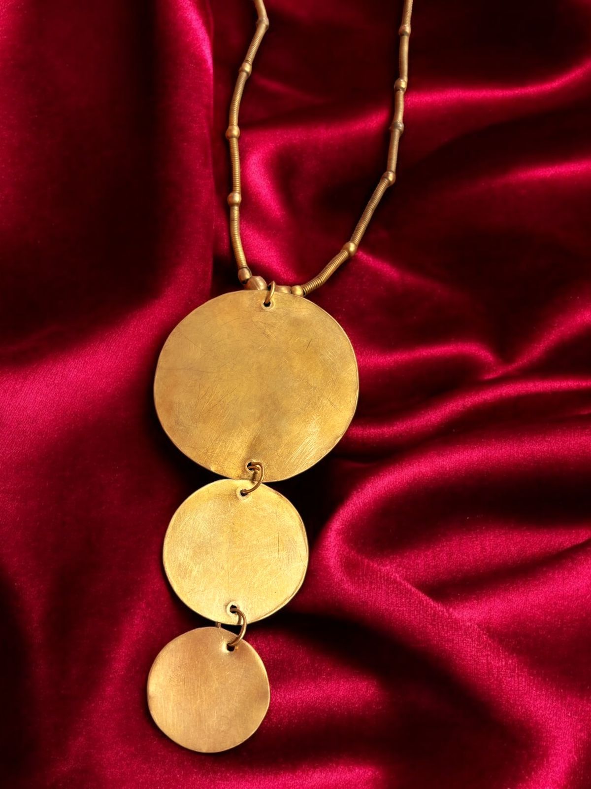 Tri-Disc Pendant Long Chain Brass Necklace